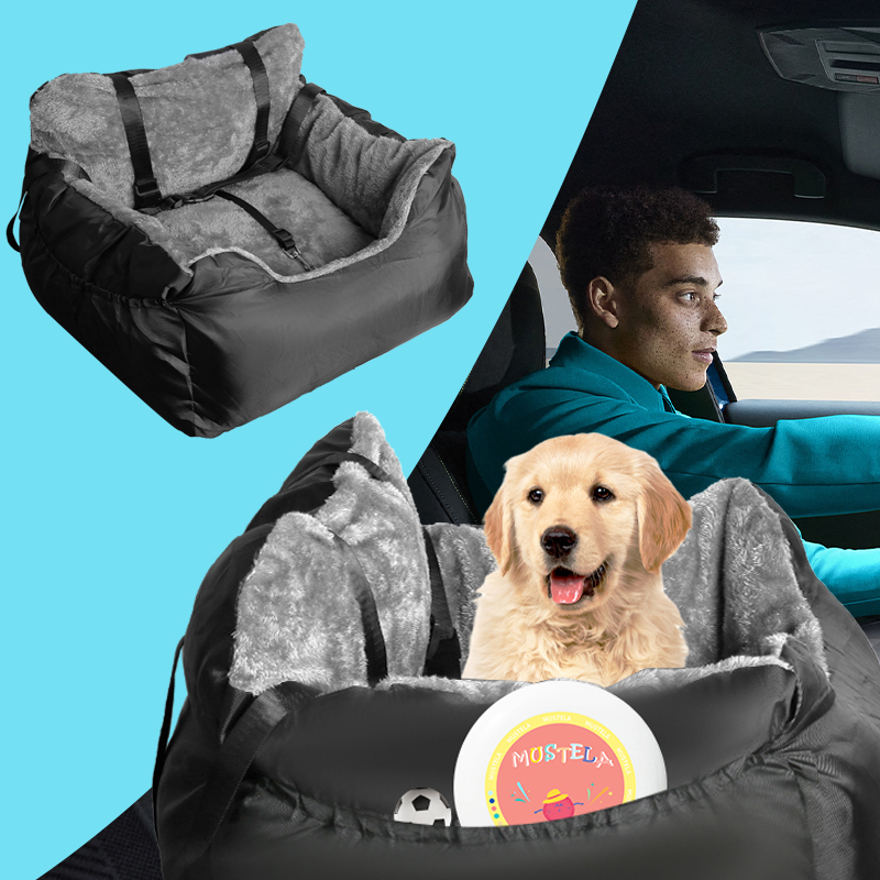 Black plush pet car booster seat shown on its own and fitted in a car
