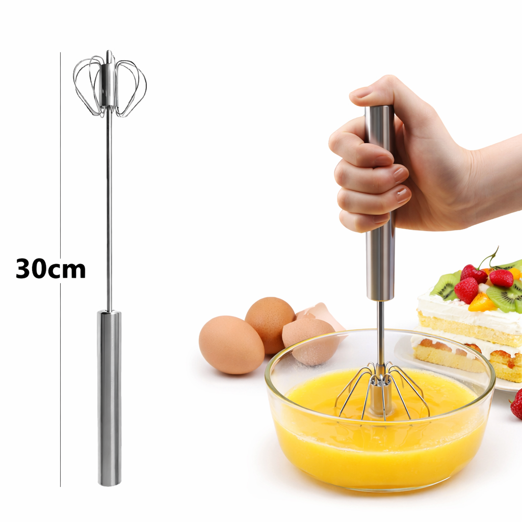 Stainless-steel hand-push whisk beside a bowl of eggs