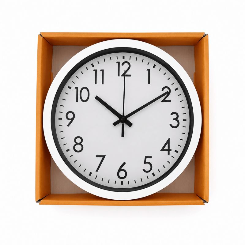 Round white wall clock with black numerals and hands